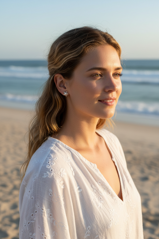 Woman wearing silver starfish earrings in a white dress standing on a beach with ocean in the background
