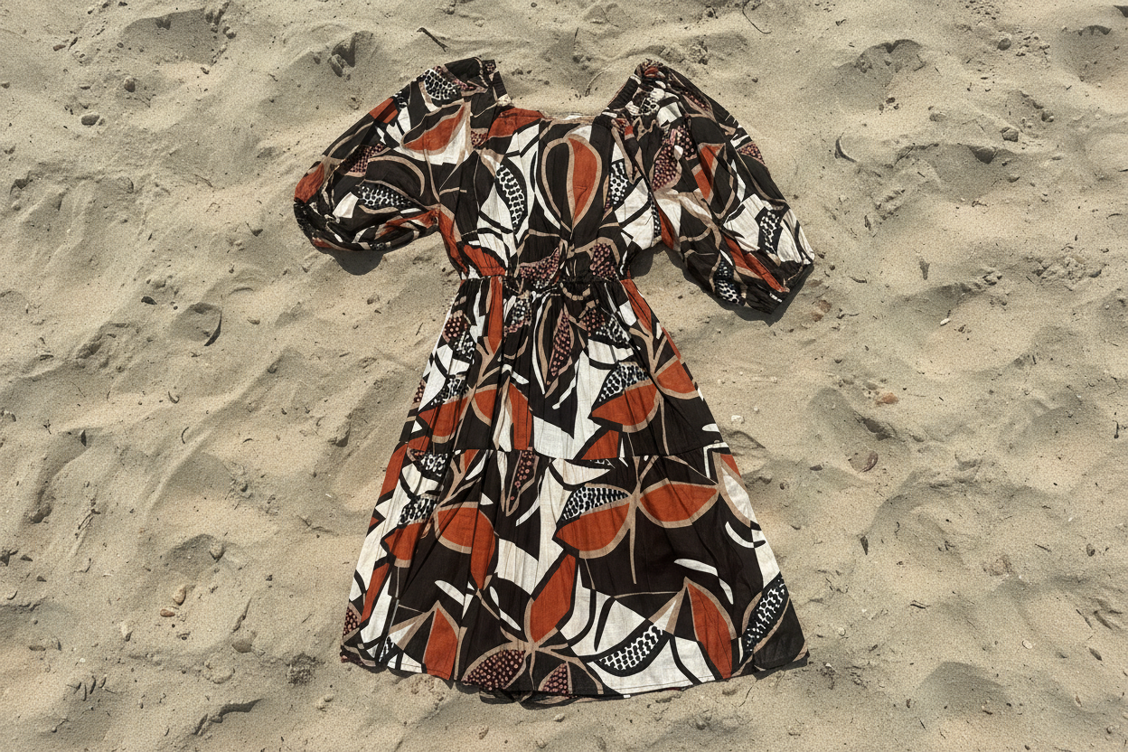Cocoa Peasant Dress on sandy background 