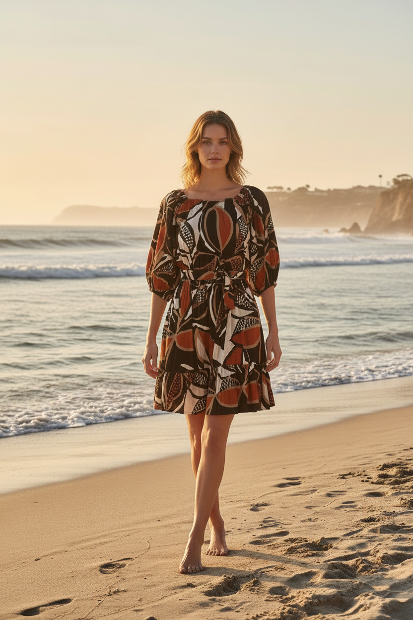 Woman standing on beach in Cocoa Peasant Dress