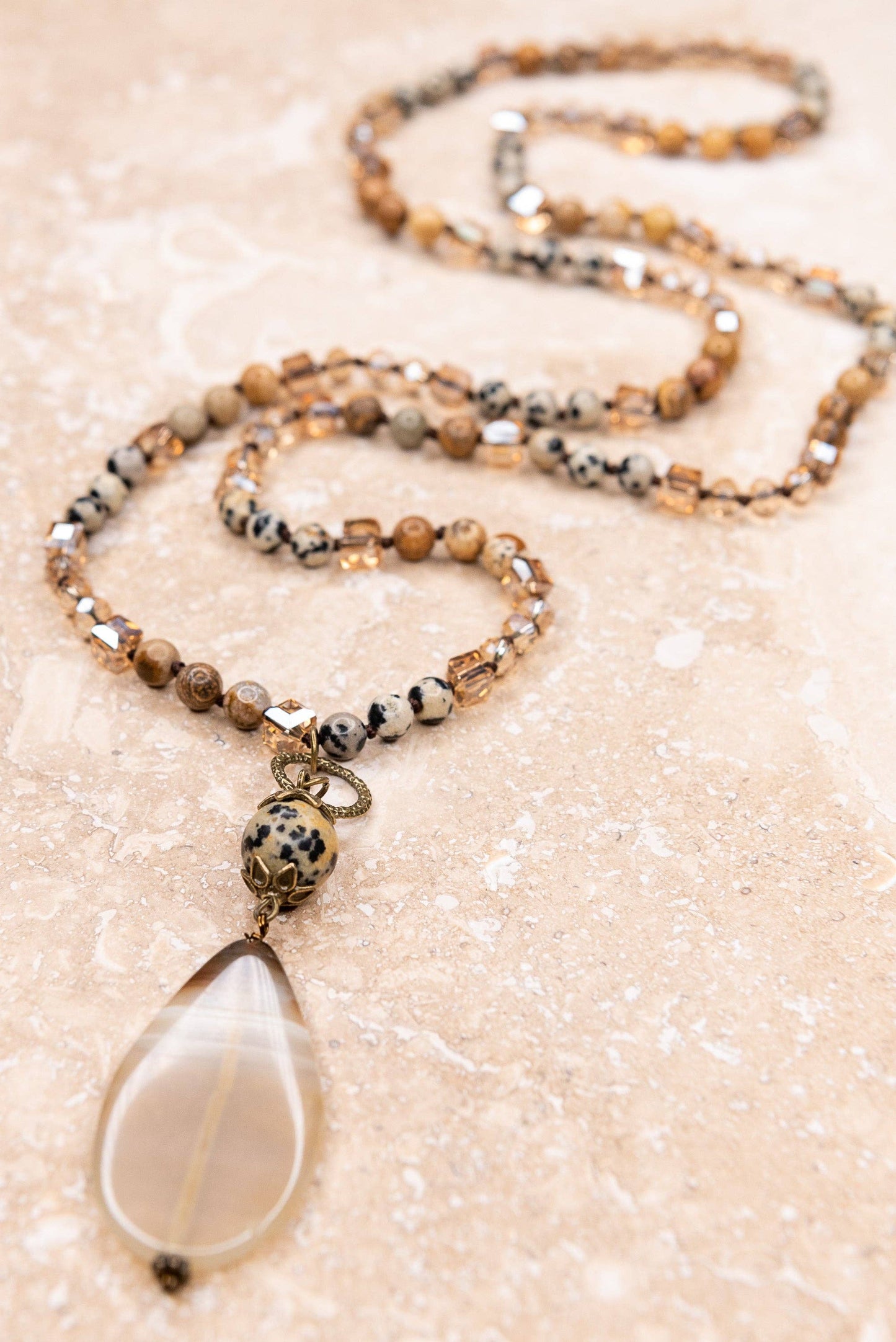 Debbie Beaded Strand Necklace — Brown & Dalmatian Stone