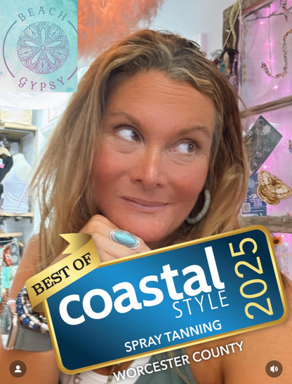 Beach Gypsy with a 'Best of Coastal Style 2025' spray tanning award inside Beach Gypsy in Berlin, MD