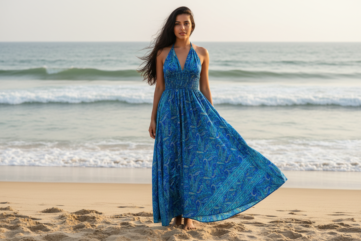 Woman standing on beach wearing a blue silk paisley dress