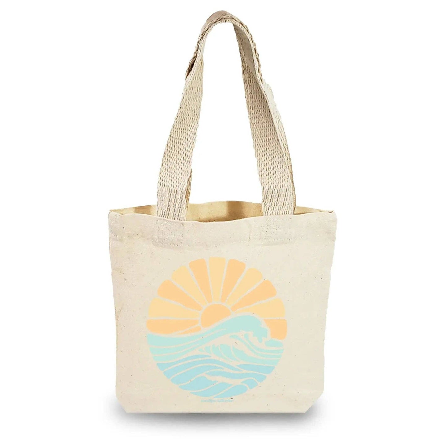 wave and sun printed onto canvas bag with handle straps