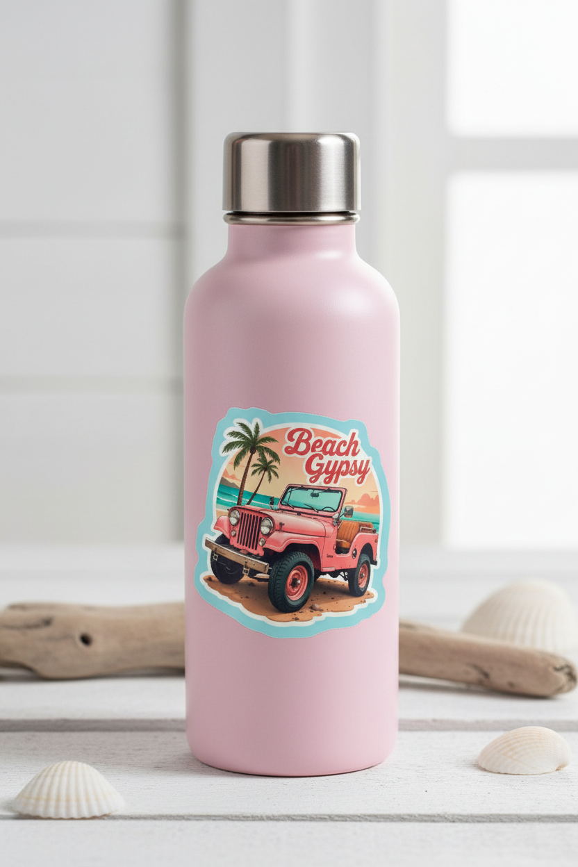 Pink water bottle with pink jeep with beach gypsy logo on it