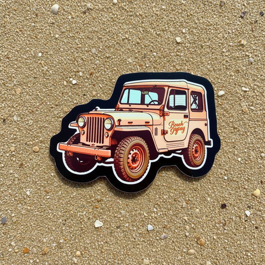 Sticker of a vintage jeep on a sand  background