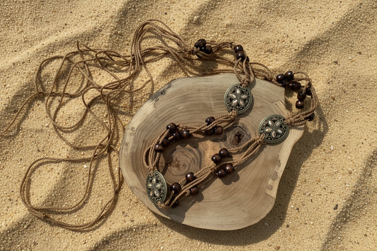 A bohemian-style multi-strand necklace with dark brown wooden beads, bronze-toned metal accents, and brown cord, displayed on a rustic wood slice against a sand background.
