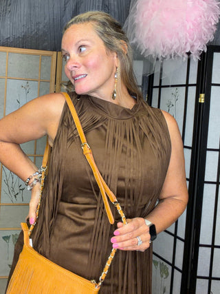 Brown sueded fabric fringe mini dress
