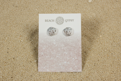 Silver colored sand dollar stud earrings on beach background 