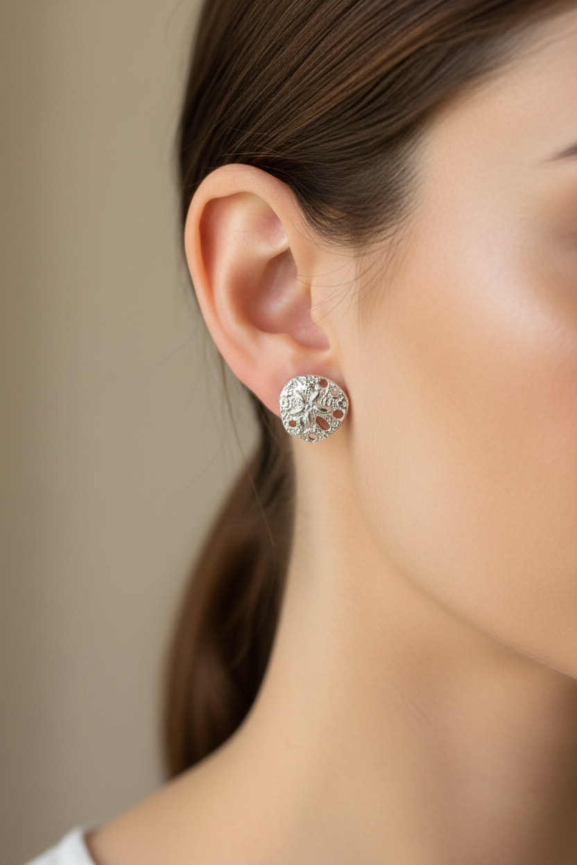 Closeup view of sand dollar silver colored earrings on a woman with dark hair