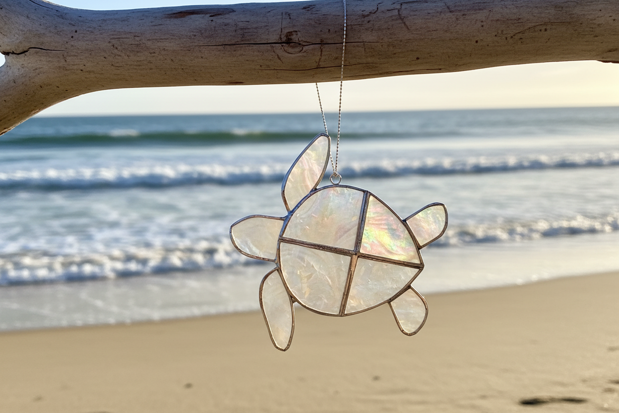 Turtle suncatcher on a branch at beach setting