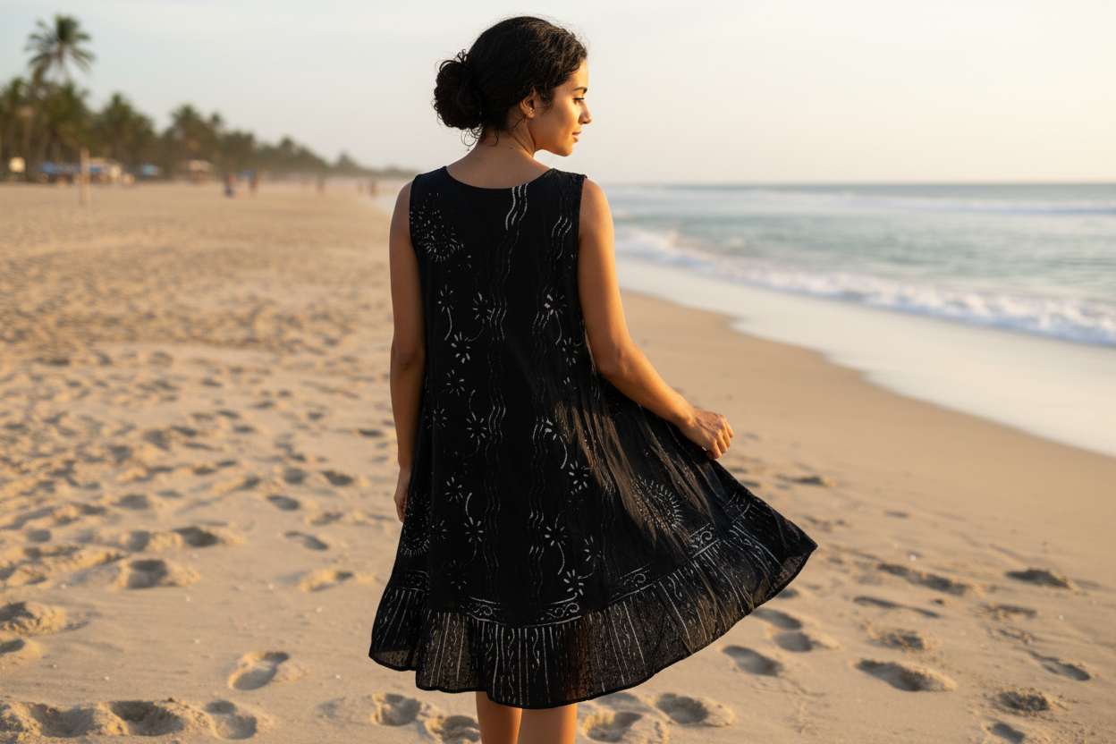 Back view of black and white printed dress on a woman on a dress