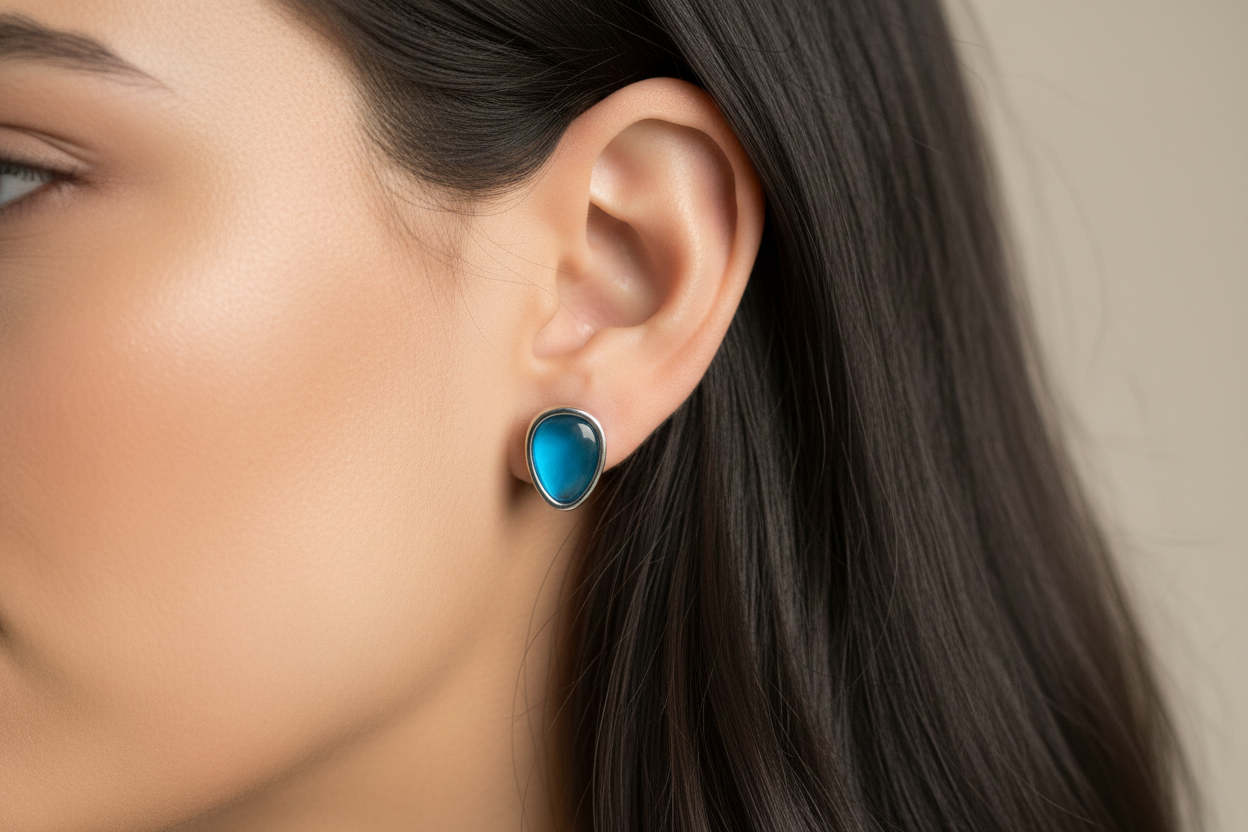 Silver and blue stone post earrings on closeup of model