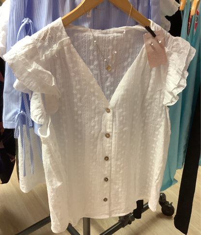 Button Down Embroidered Ruffle Top