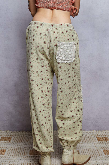 Back view of Floral Print Patch Jogger Pants from POL, Pale Mint from Beach Gypsy in Berlin, MD
