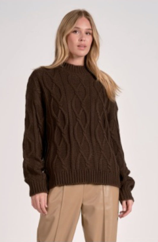 Woman wearing a brown cable knit sweater and beige pants on a white background
