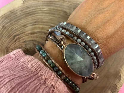 Labradorite Stone Boho Wrap Bracelet | Flower Clasp