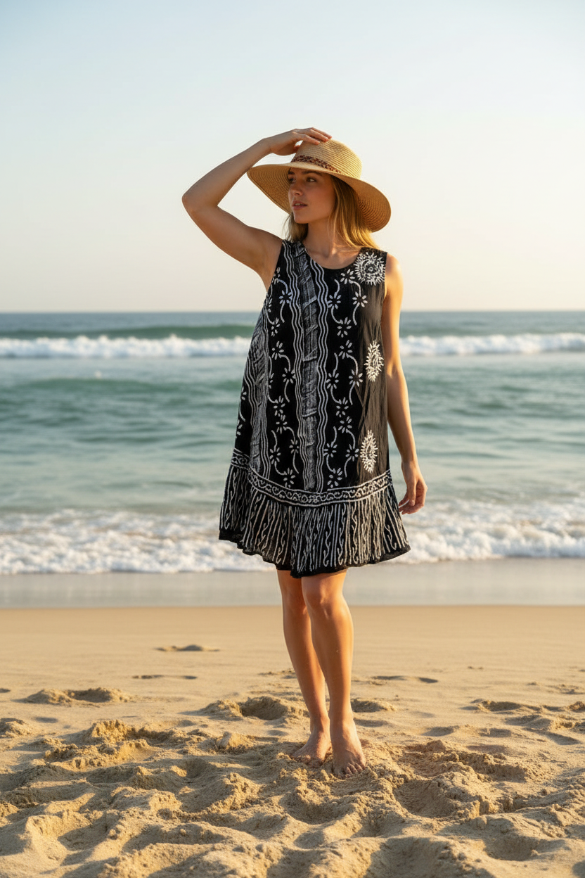 Black dress with white print on a woman on a beach