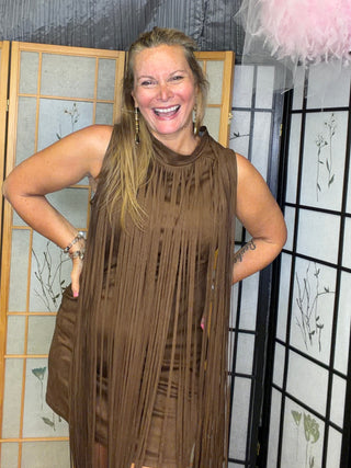 Brown sueded fabric fringe mini dress