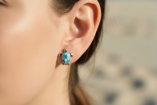 Close up of epoxy turtle earring