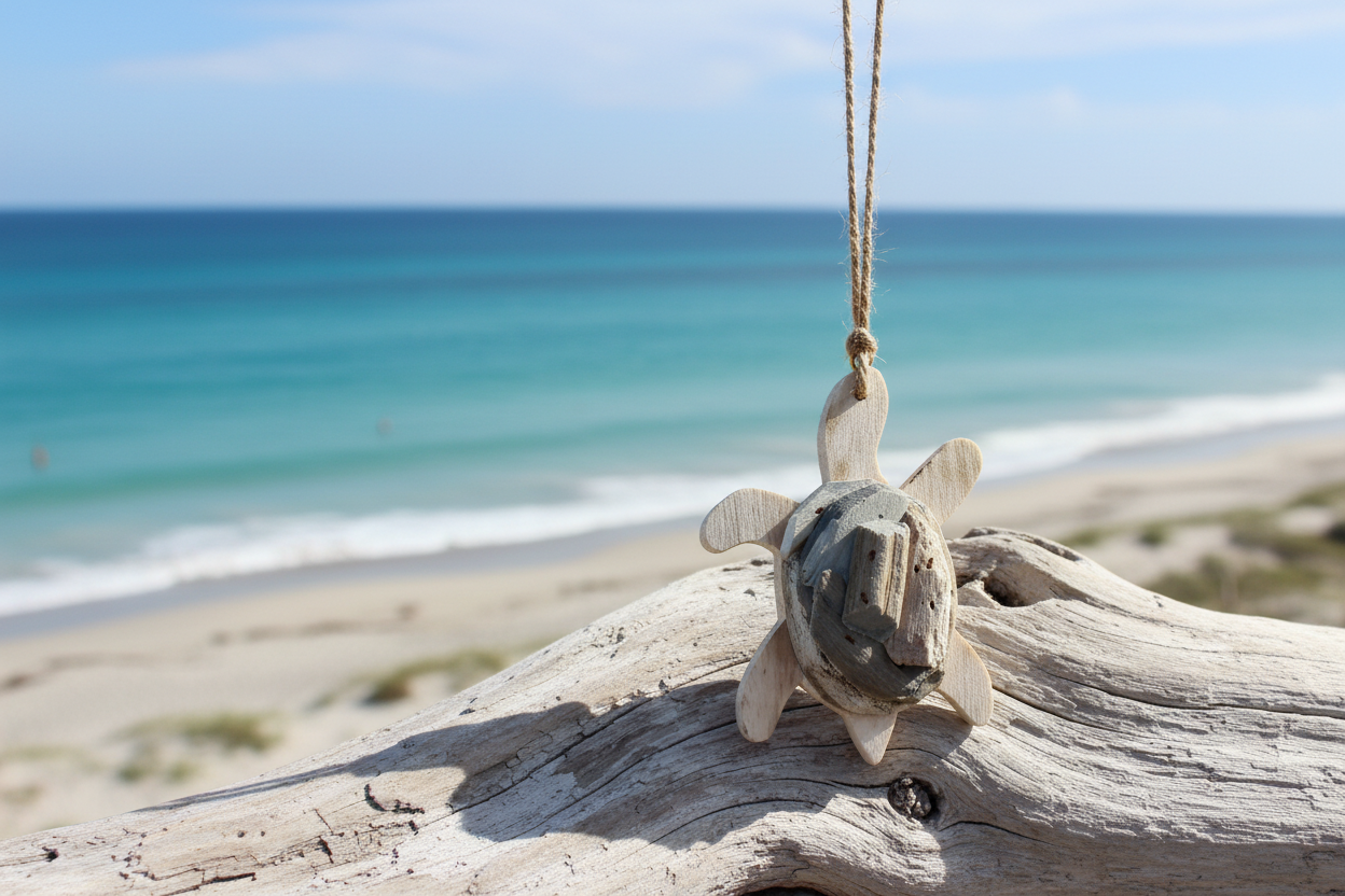 Turtle ornament on a branch with ocean 8n background 
