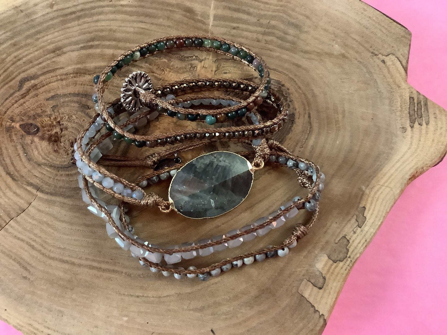 Labradorite Stone Boho Wrap Bracelet | Flower Clasp