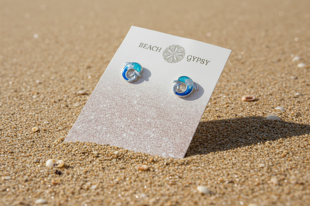 Blue and silver Dolphin wave earrings on Beach Gypsy branded earring card on beach 