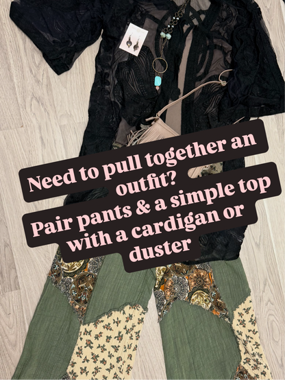 Black lace long cardigan with patterned pants