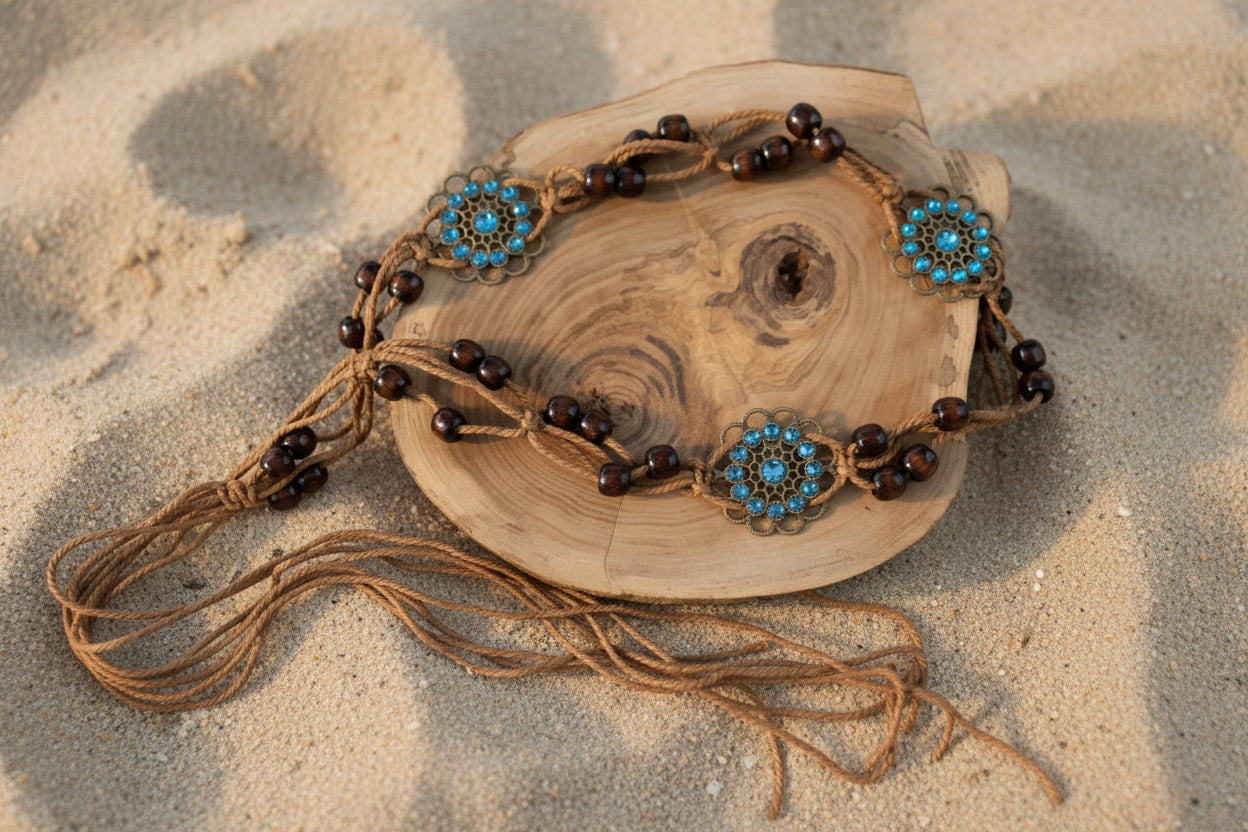 A handmade macrame shoulder bag with dark brown beads and turquoise blue floral accents, displayed on a rustic wood slice prop against a sand background.