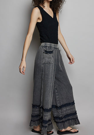Woman wearing a black sleeveless top and gray wide-leg pants with ruffled bottom hem against a plain background.