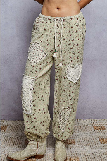 Front view of Floral Print Patch Jogger Pants, Pale Mint from Beach Gypsy in Berlin, MD