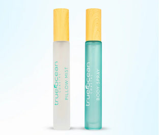 Two TrueOcean products, Pillow Mist and Body Spray, on a light blue background.
