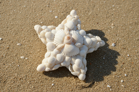 Star-shaped ornamenr made of small shells on sand background 