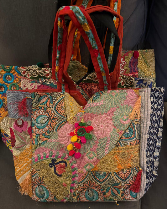 Patchwork tote with embellishments 