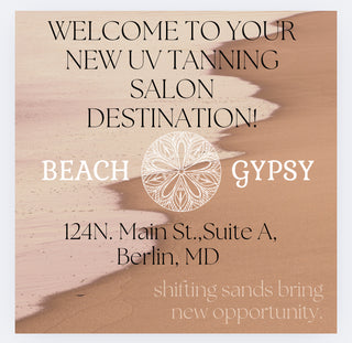A welcome sign for Beach Gypsy UV tanning salon, in Berlin MD near Ocean City