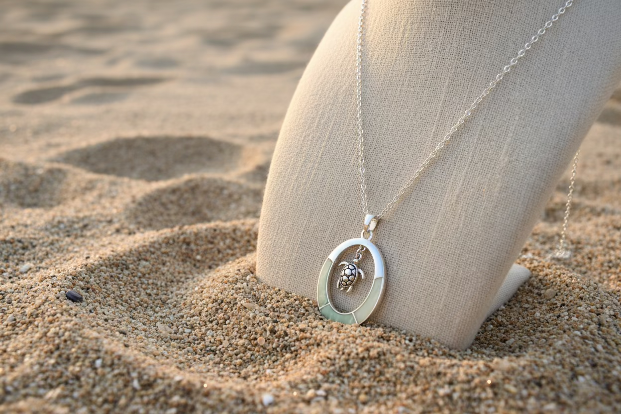 Turtle pendant necklace on a sandy background 