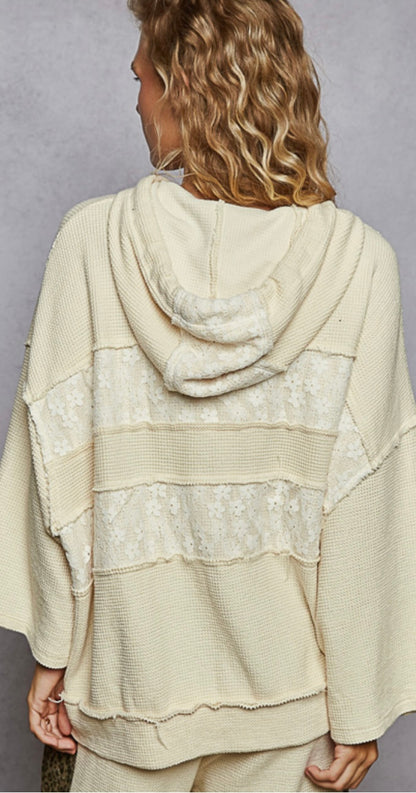 Cream lace & knit hoodie back view