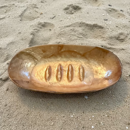 Capiz soap dish on sandy surface

