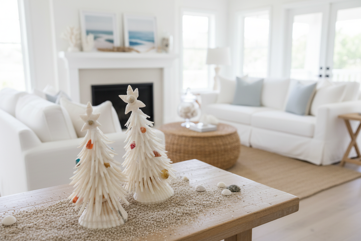 Sea shell trees with sea glass ornaments on display in a classic ocean inspired living room