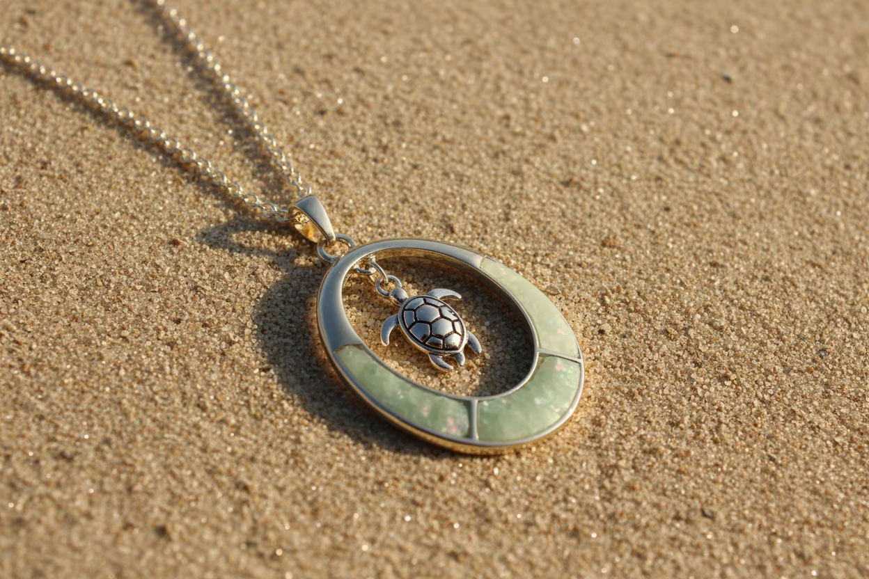 Gold pendant with turtle charm on a beach