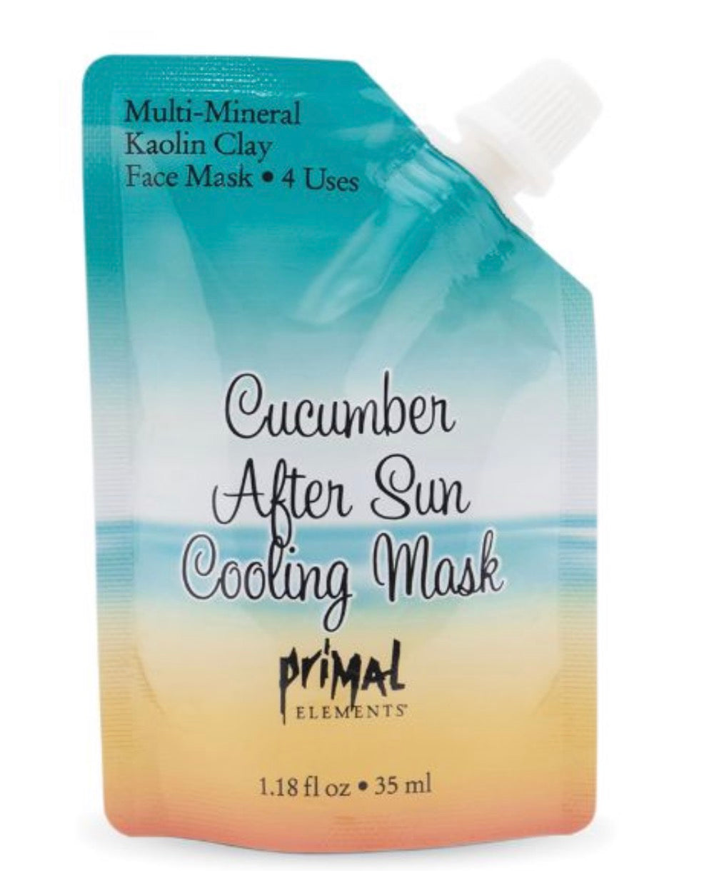 Cucumber after sun cooling mask packaging with gradient design and 'Primal Elements' branding.