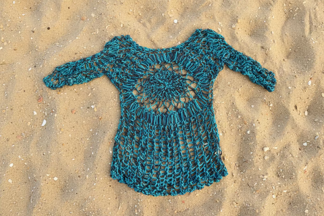 Blue crochet dress on a sandy floor