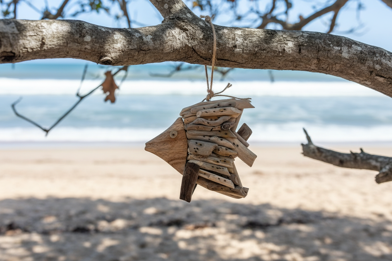 Driftwood fish ornament hanging on a tree with Ocean in background. In Berlin, MD near Ocean City. 