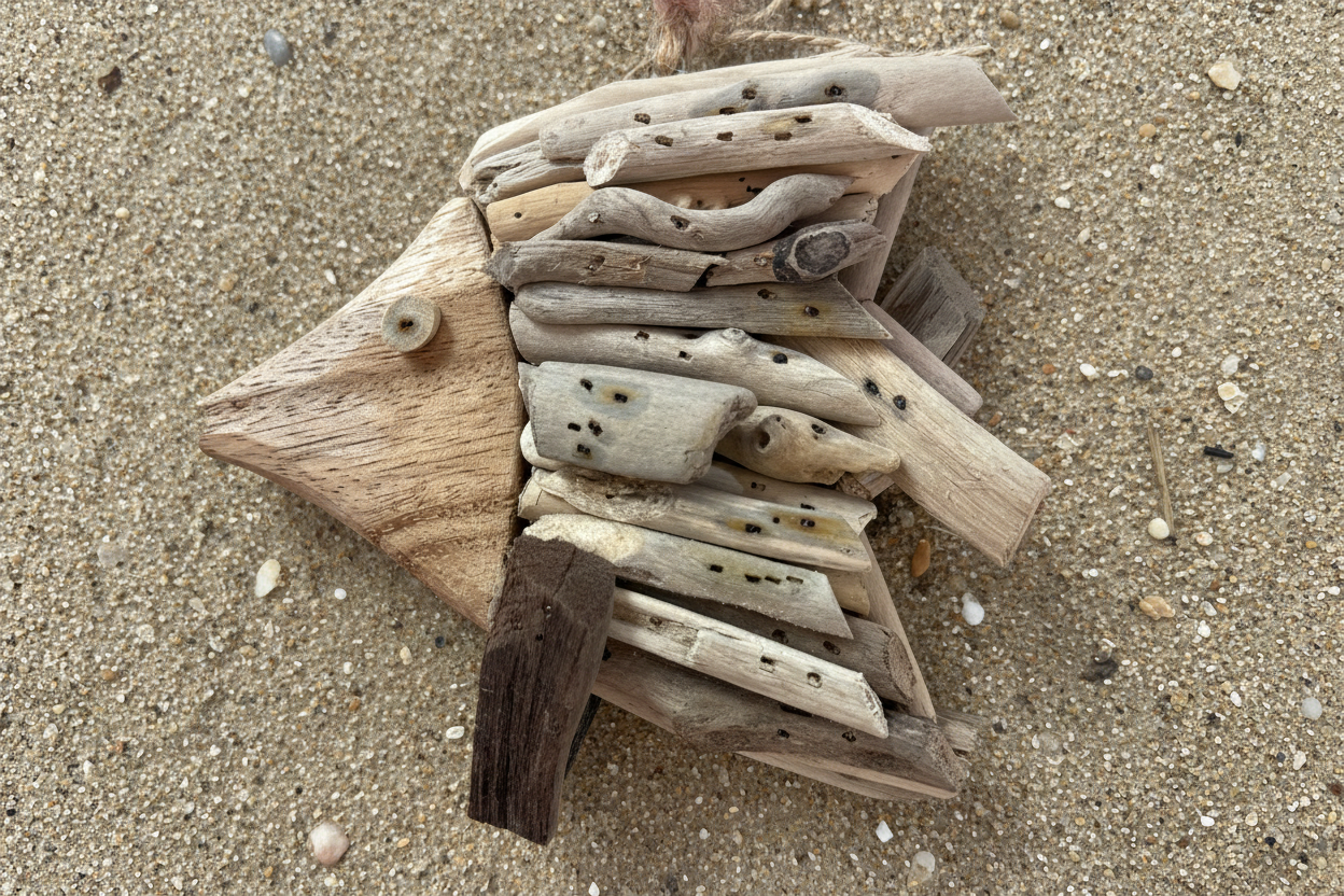 Handmade fish ornament on sandy beach background. Found in Berlin, MD near Ocean City Maryland. 
