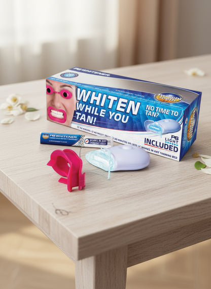 Teeth whitening kit with packaging, light, and mouth tray on a gray background