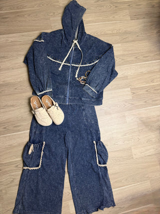 Lace Trim Wide-Leg Denim Cargo Pants