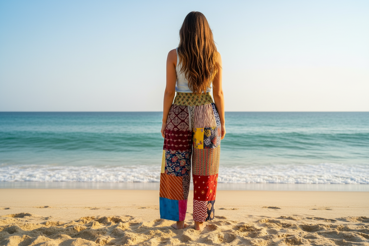 Back view of high waisted elastic waist multi patch pants