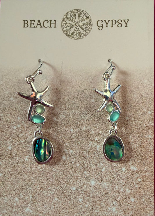 Starfish-shaped earrings with green stones on a 'Beach Gypsy' branded card.