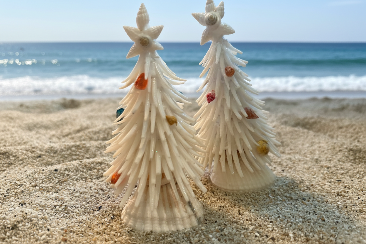 Seashell trees with sea glass ornaments on a beach with ocean in background 