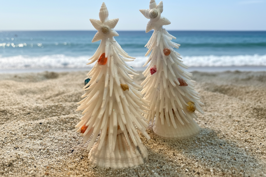 Seashell trees with sea glass ornaments on a beach with ocean in background 