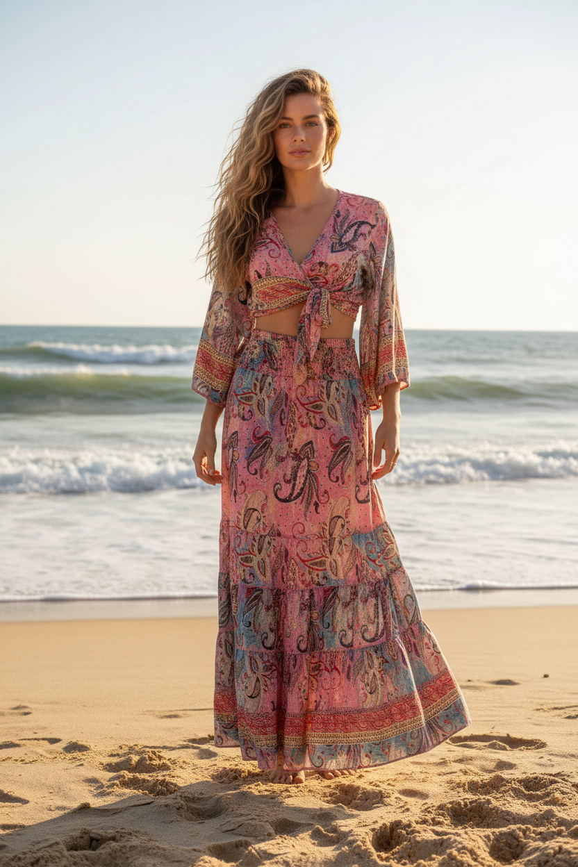 Wrap top and long smocked skirt on a woman standing on beach